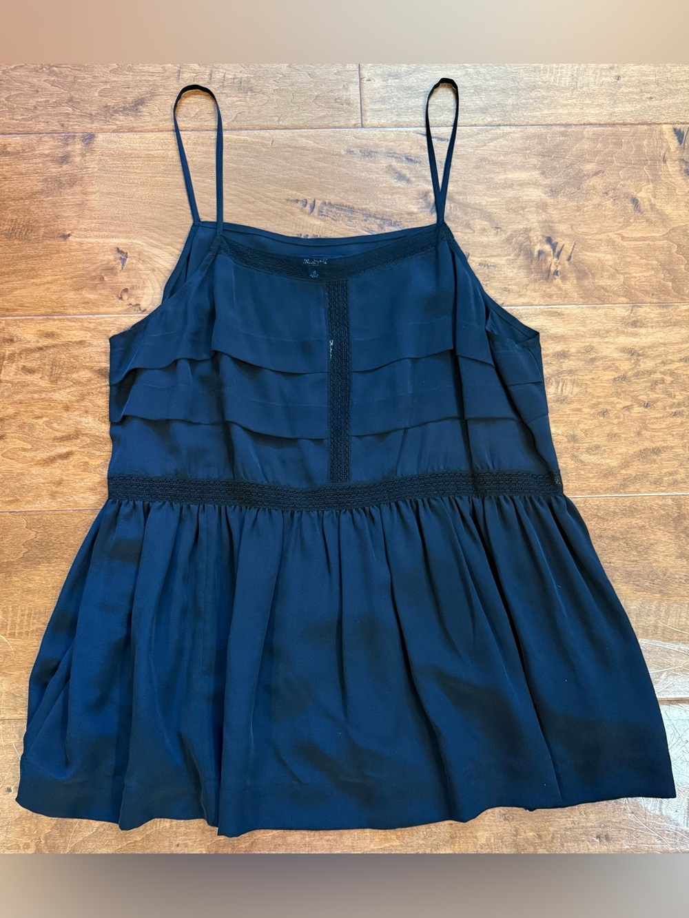 Madewell 100% Silk Black Lace Trim Pleated Ruffle Tank Top NWT Medium